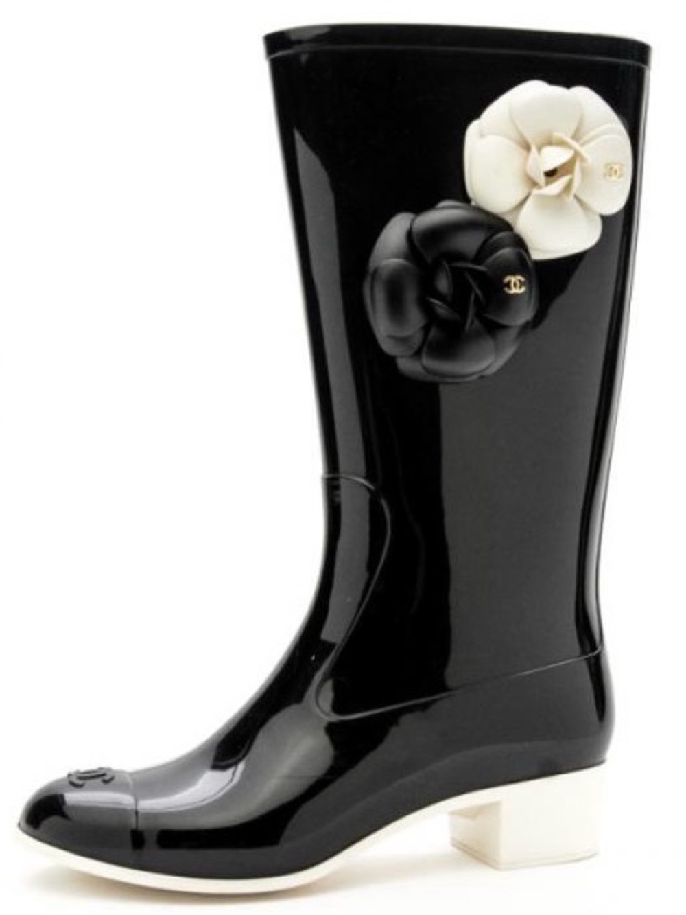 Chanel Black Rubber Camelia Rain Boots Glossy Size 39